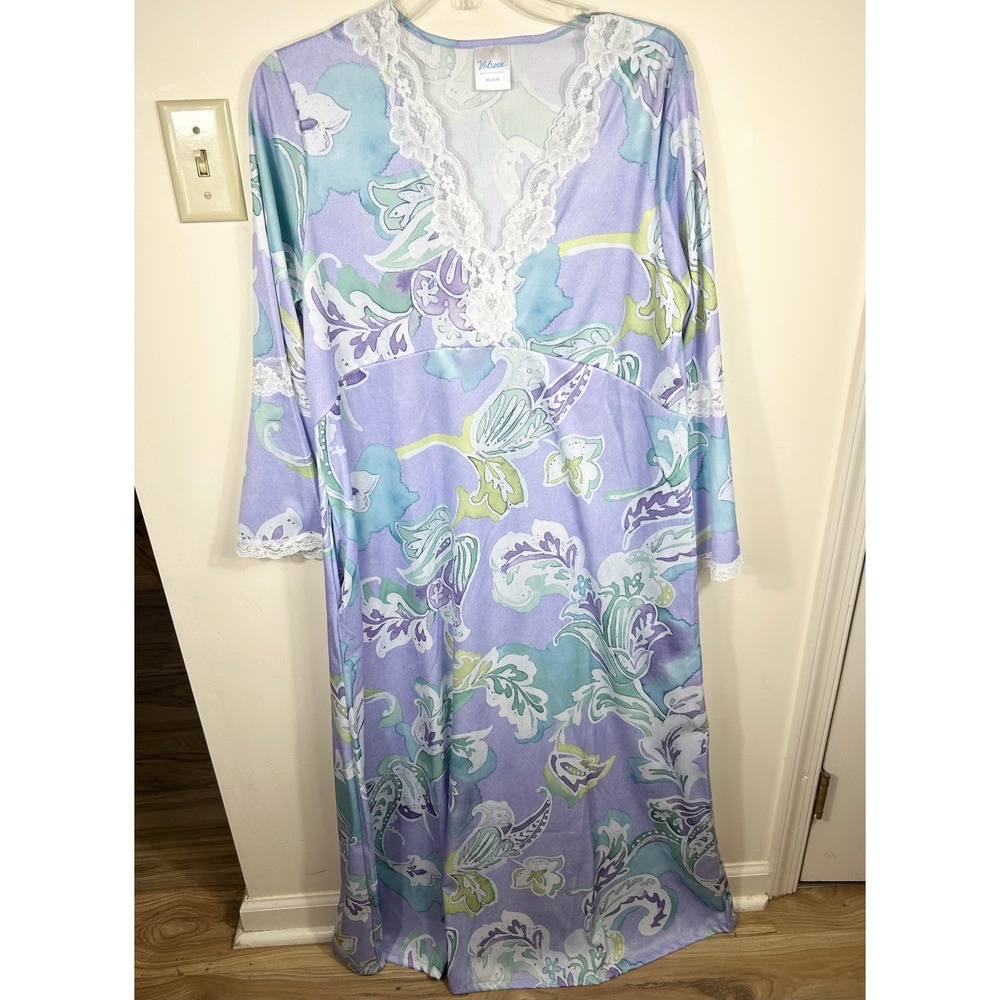 VTG Velrose Lavender Floral Lace Trim Nightgown Maxi Dress Women's M Cottagecore